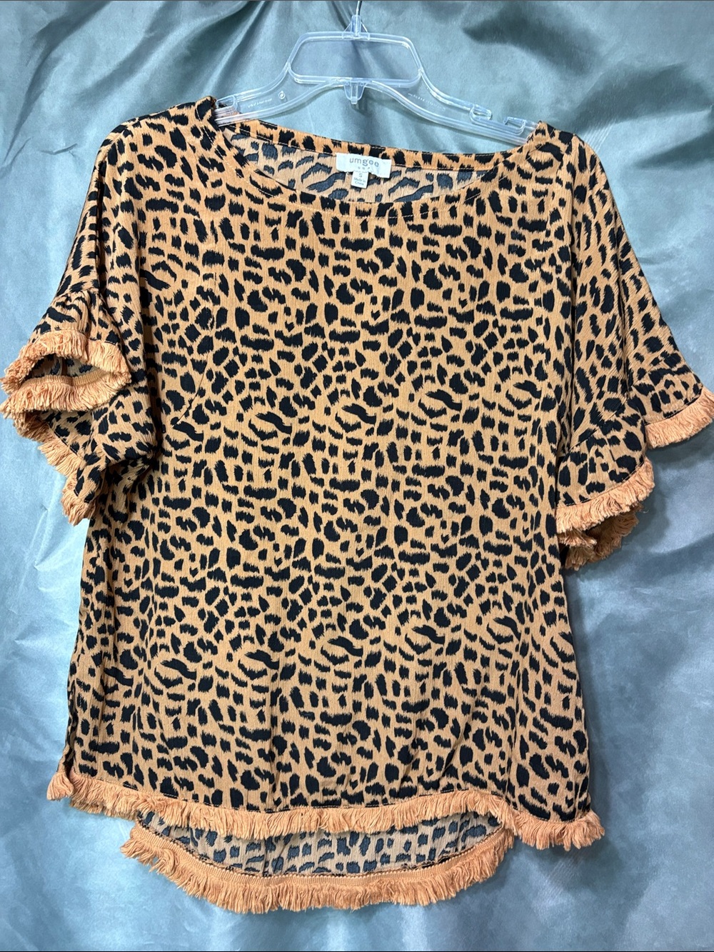 Umgee Leopard-Print Fringe Short Sleeve Top in Tan and Black